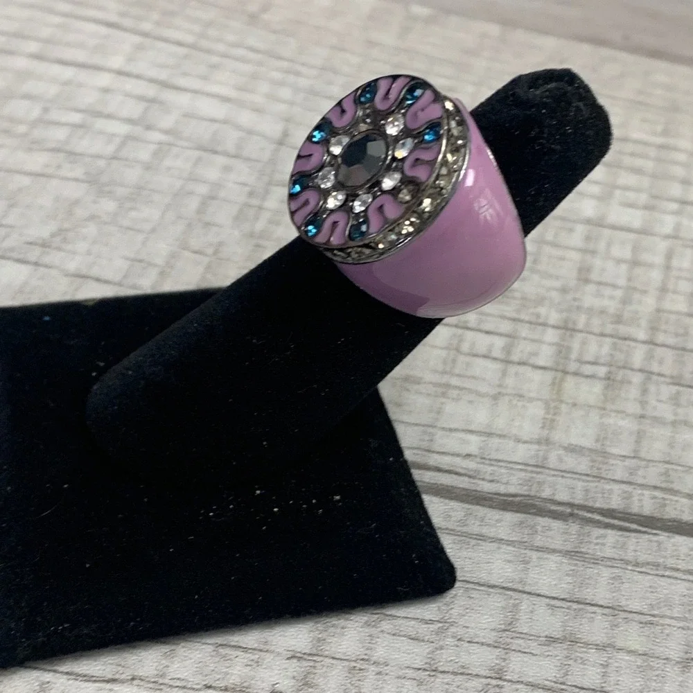 Vintage Purple Enamel Statement Ring Blue Clear Rhinestone Cocktail Dome Sz 5.5